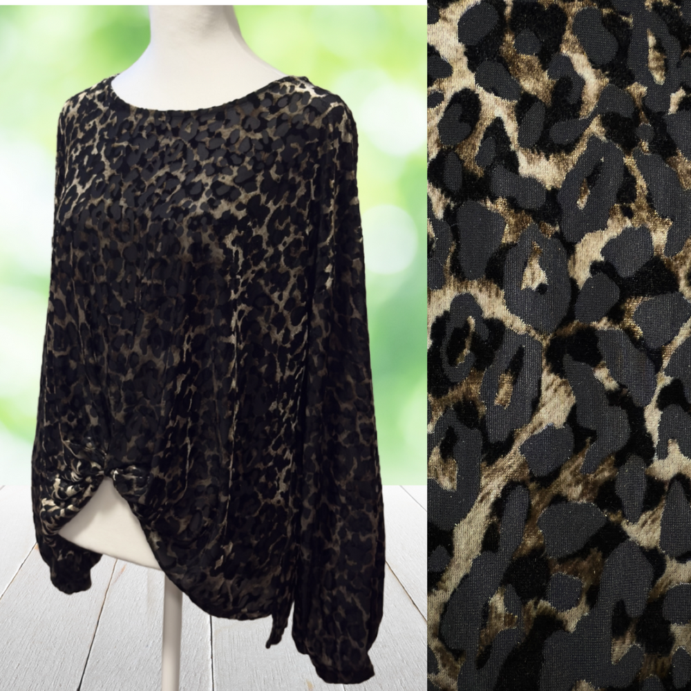 KAREN KANE Burnout Velvet Leopard Top Twist Front Balloon Sleeve Made USA Size L